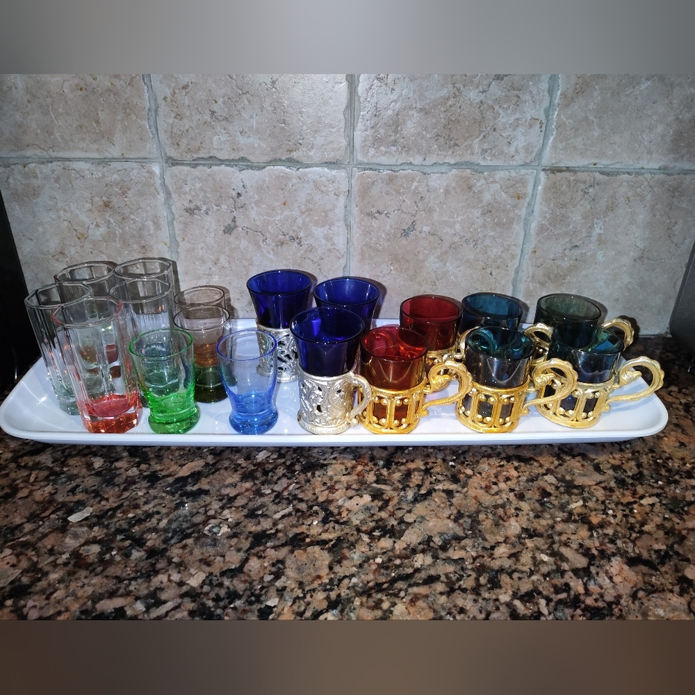 Bundle of 18 vintage colored shot glasses